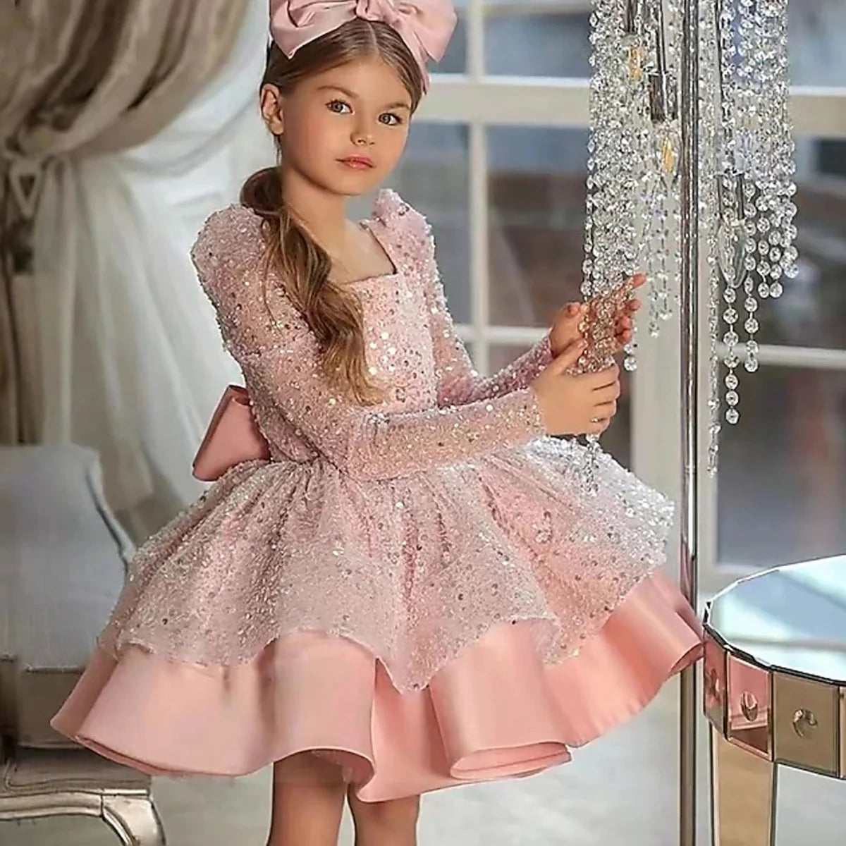 Luxury Beading Long Sleeves Flower Girl Dress With Bow