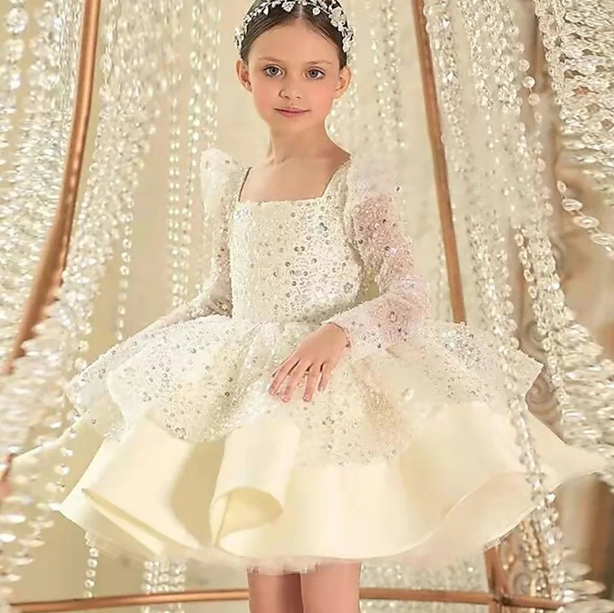 Luxury Beading Long Sleeves Flower Girl Dress With Bow