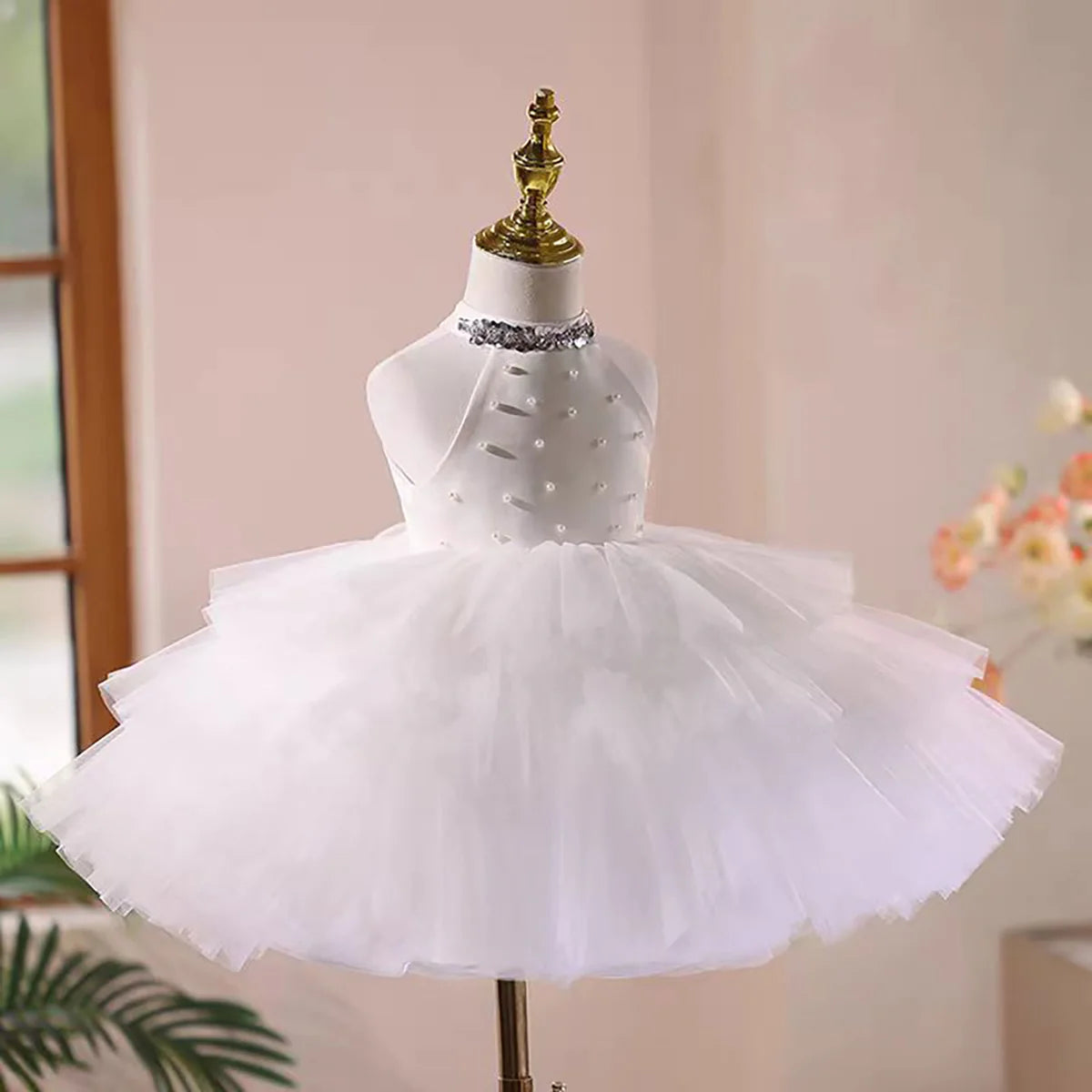 Cute Satin Top Tulle Pearl Tiered Sleeveless Flower Girl Dress