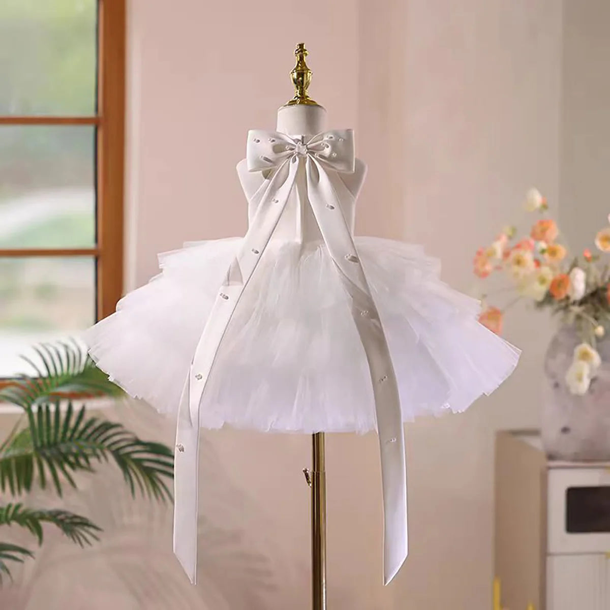 Cute Satin Top Tulle Pearl Tiered Sleeveless Flower Girl Dress