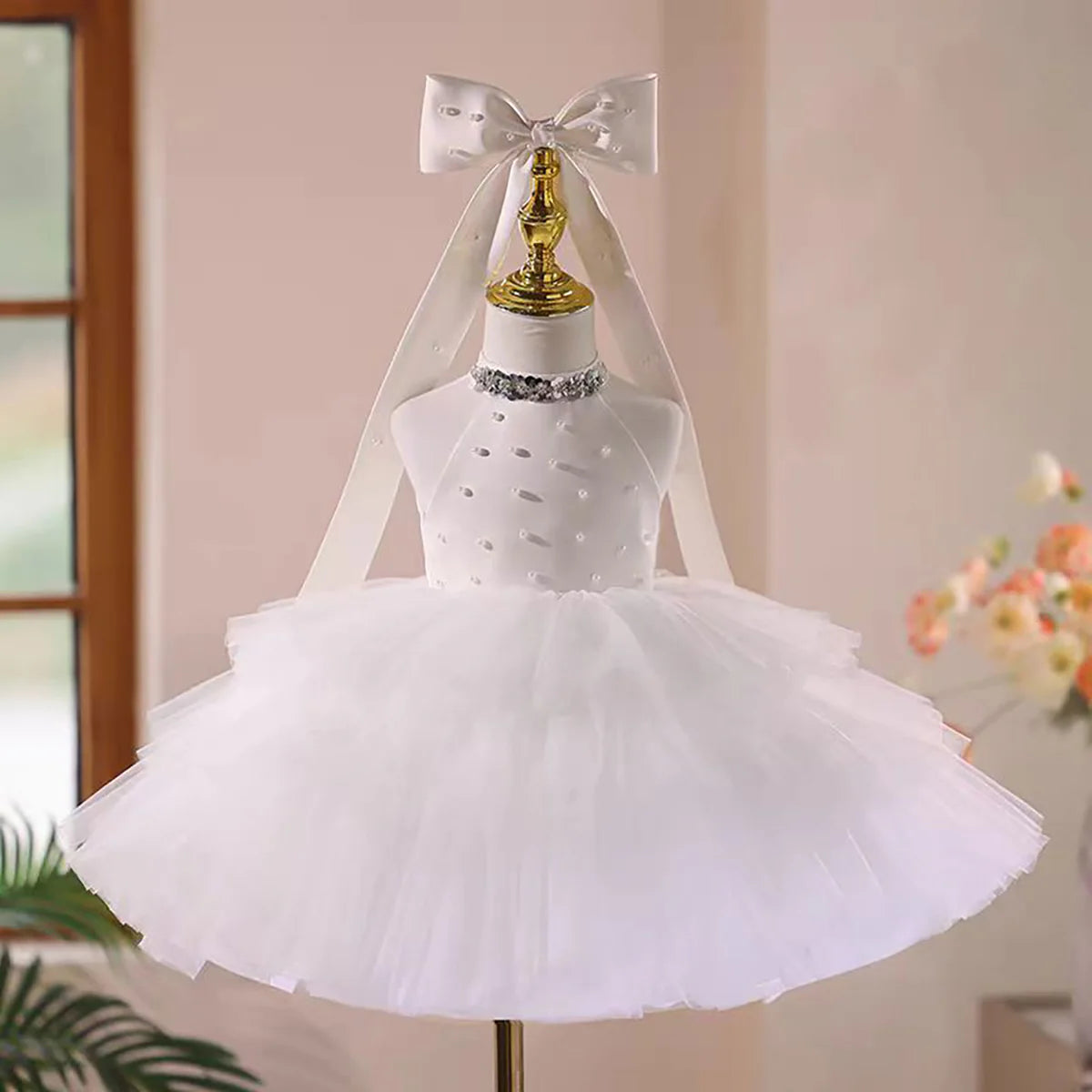 Cute Satin Top Tulle Pearl Tiered Sleeveless Flower Girl Dress