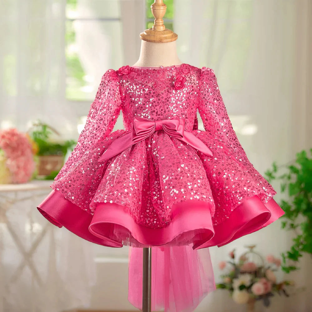 Graceful Sequined Flower Girl Dress With Bow Long Sleeve