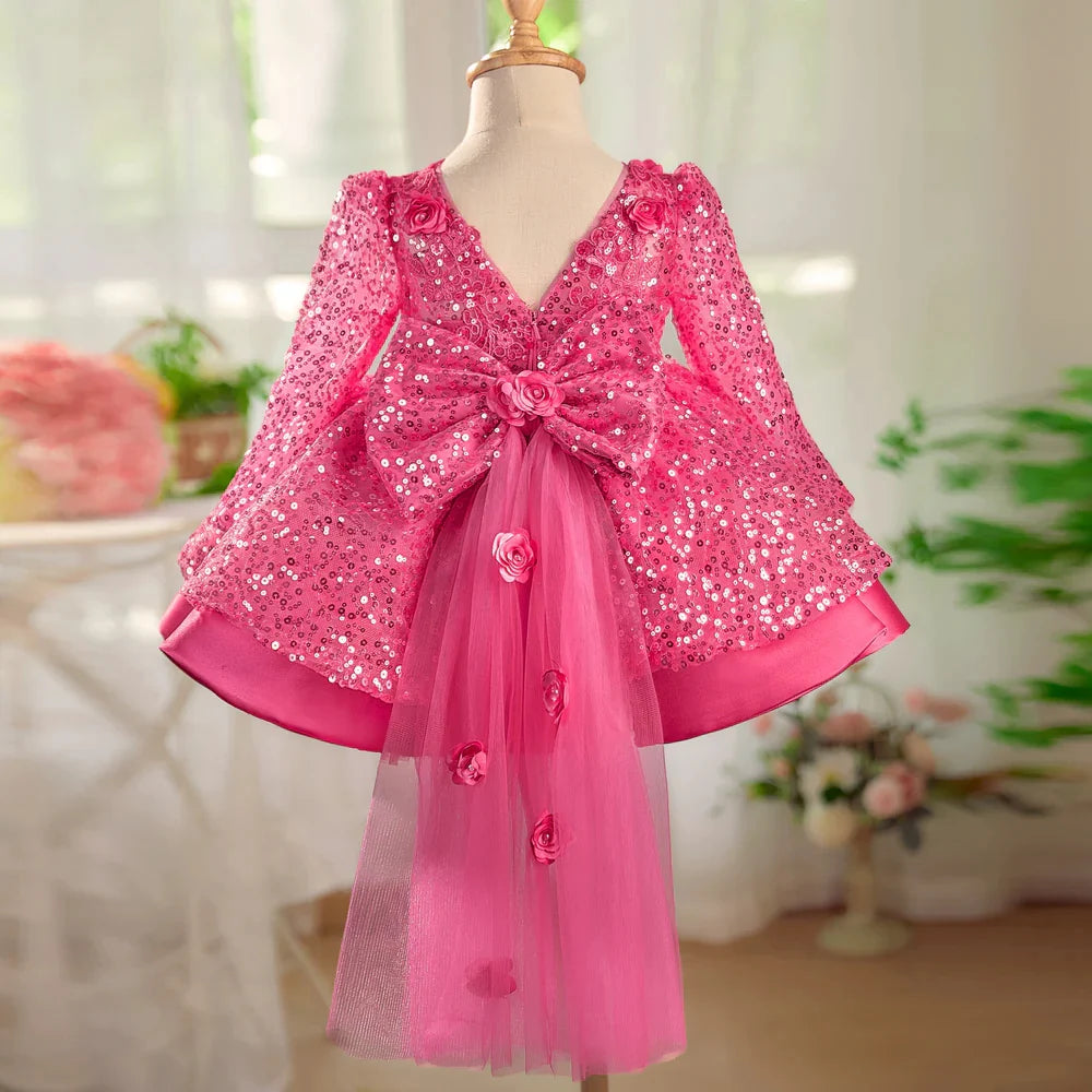 Graceful Sequined Flower Girl Dress With Bow Long Sleeve