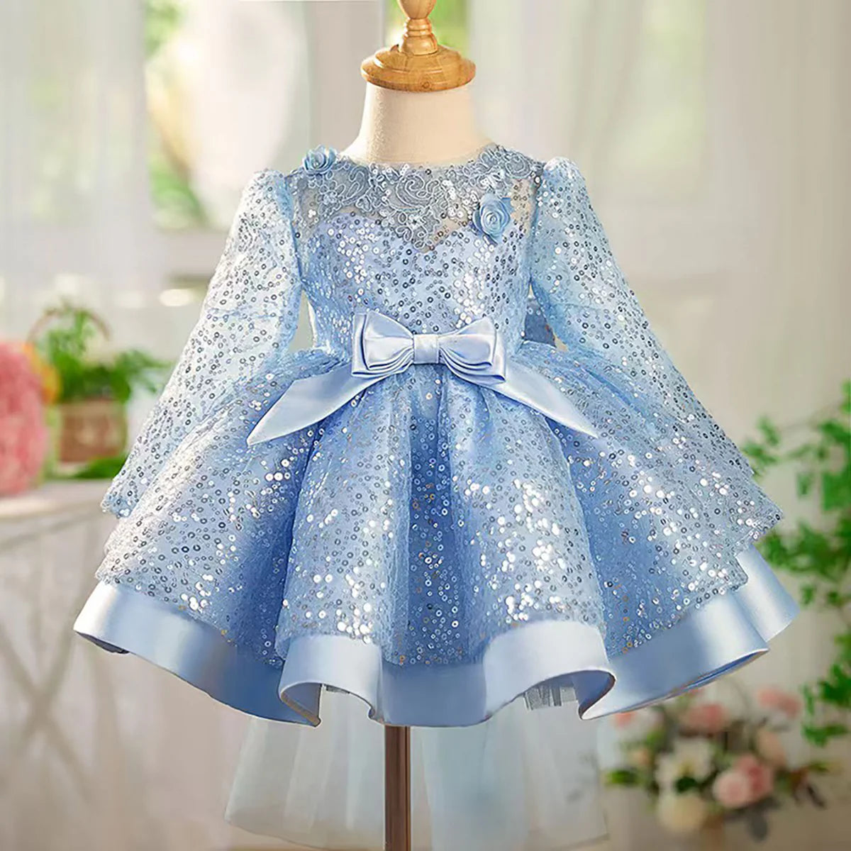 Graceful Sequined Flower Girl Dress With Bow Long Sleeve