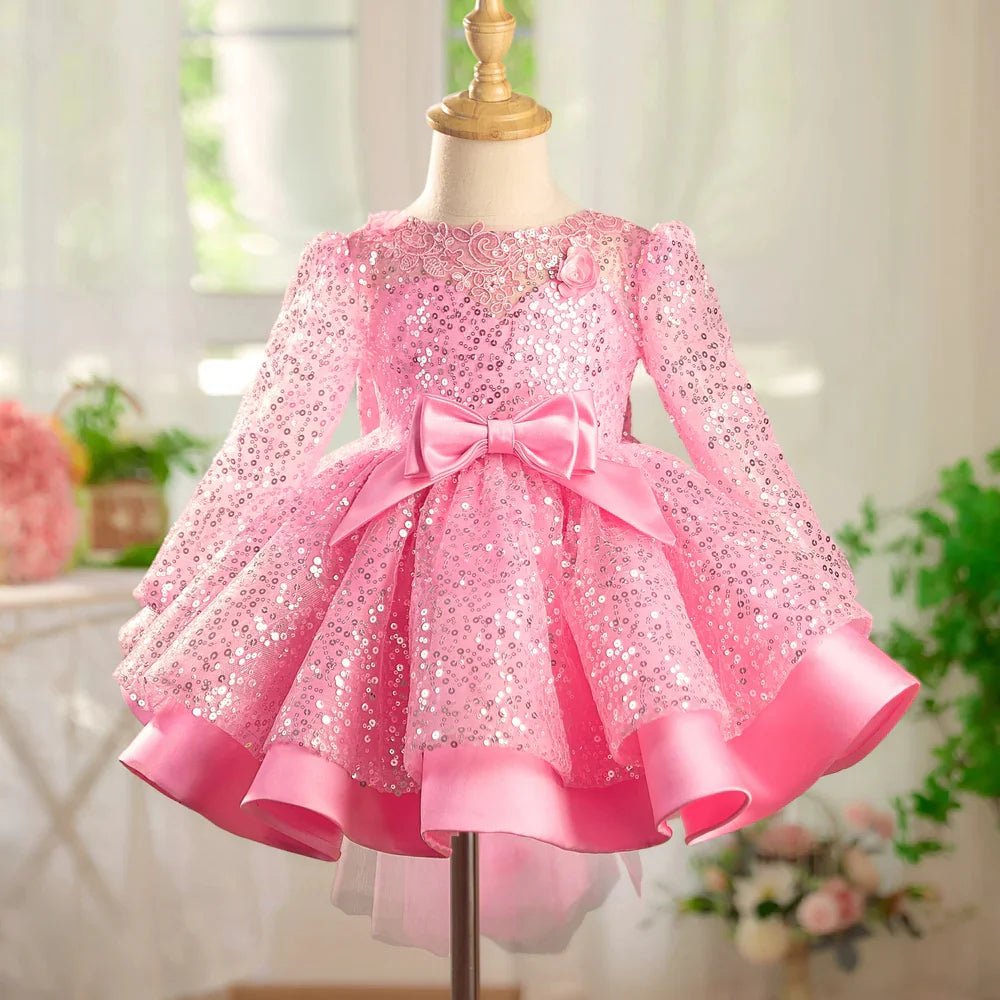 Graceful Sequined Flower Girl Dress With Bow Long Sleeve