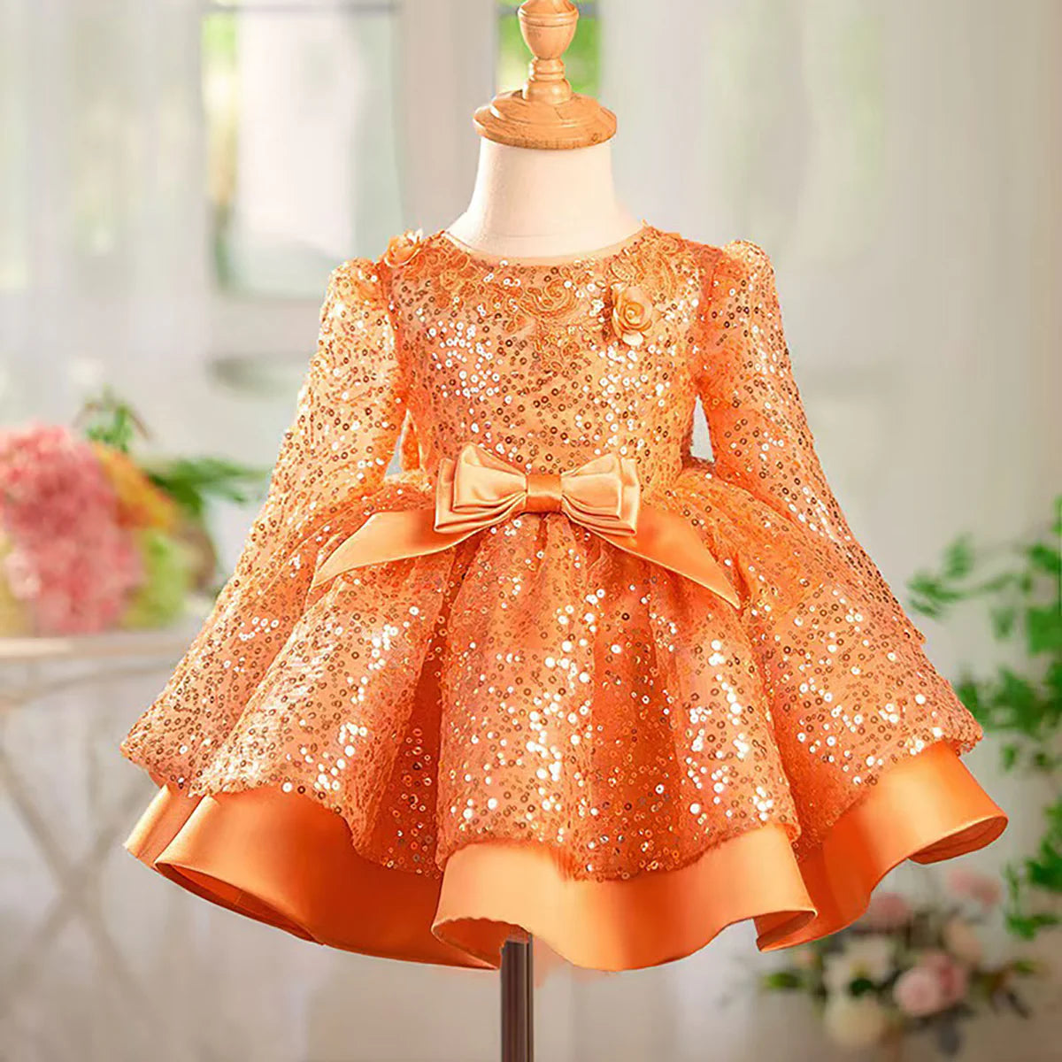 Graceful Sequined Flower Girl Dress With Bow Long Sleeve