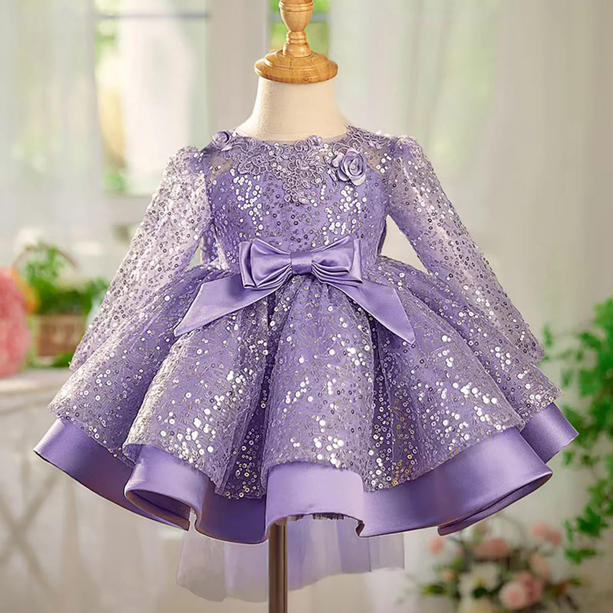 Graceful Sequined Flower Girl Dress With Bow Long Sleeve