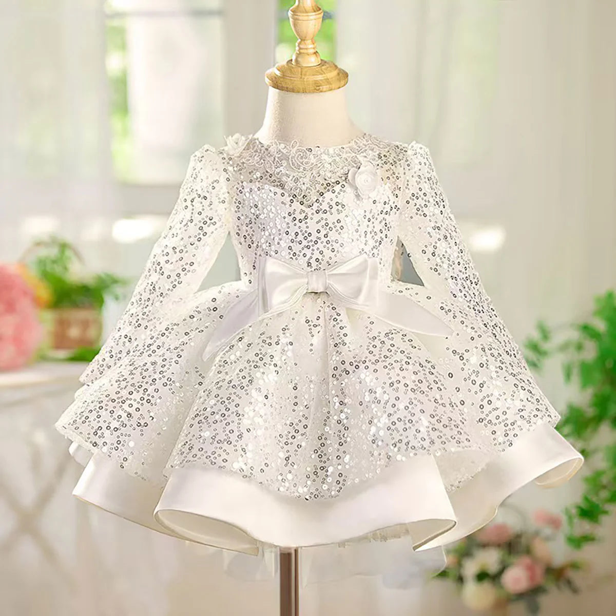 Graceful Sequined Flower Girl Dress With Bow Long Sleeve