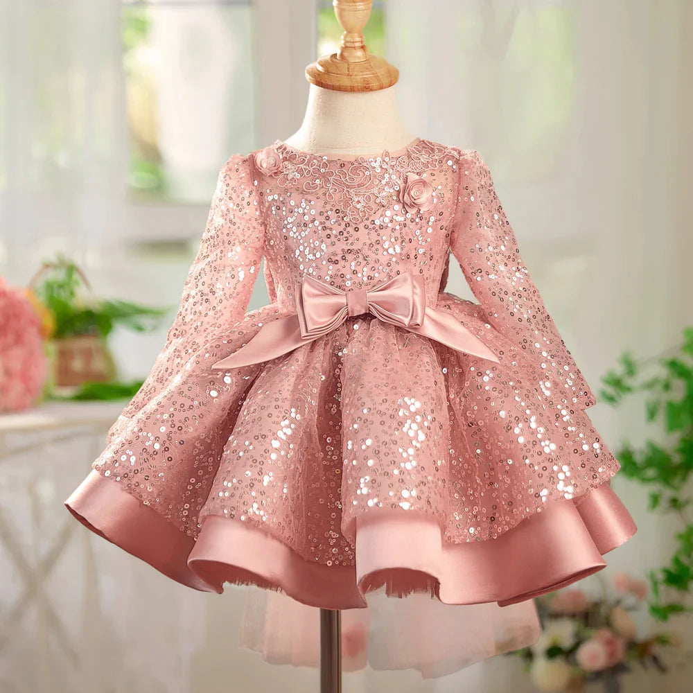 Graceful Sequined Flower Girl Dress With Bow Long Sleeve