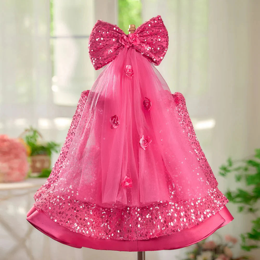 Graceful Sequined Flower Girl Dress With Bow Long Sleeve