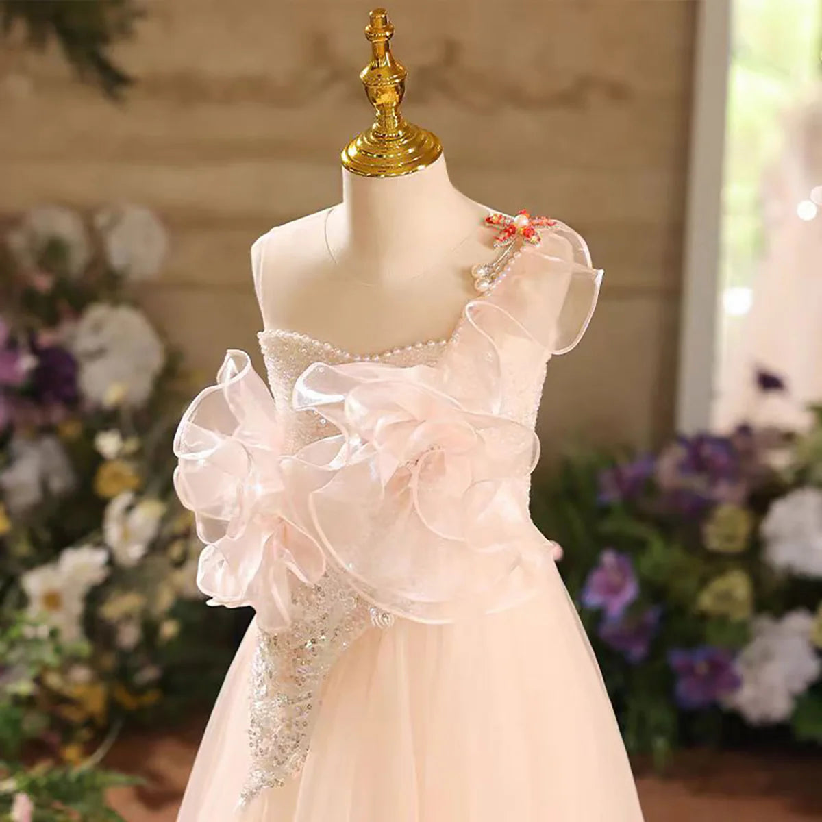 Artistic A-Line One Shoulder Tulle Flower Girl Dress Sleeveless