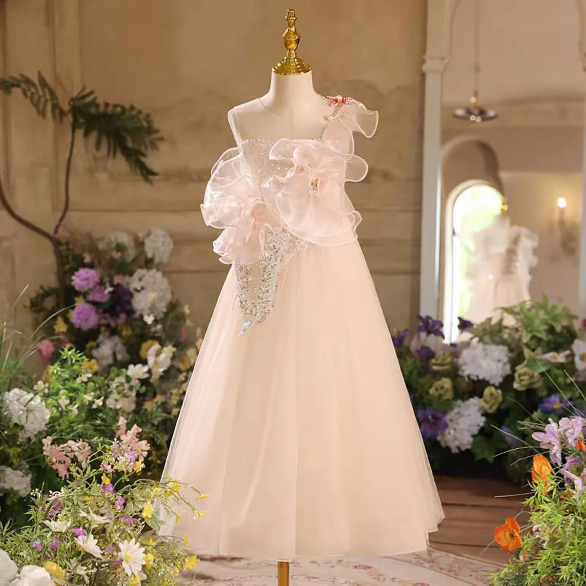 Artistic A-Line One Shoulder Tulle Flower Girl Dress Sleeveless
