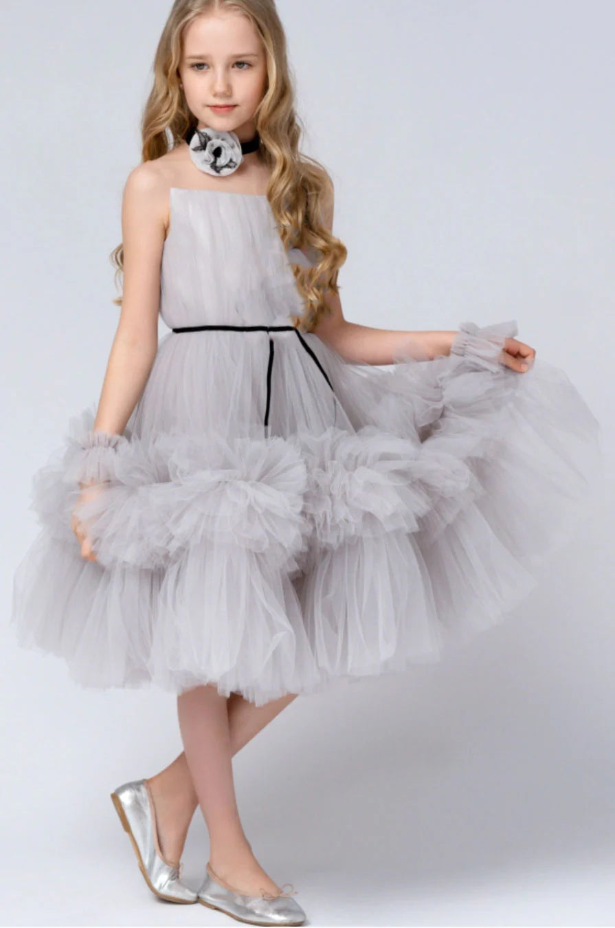 A-Line Strapless Lace Tulle Gray Flower Girl Dress