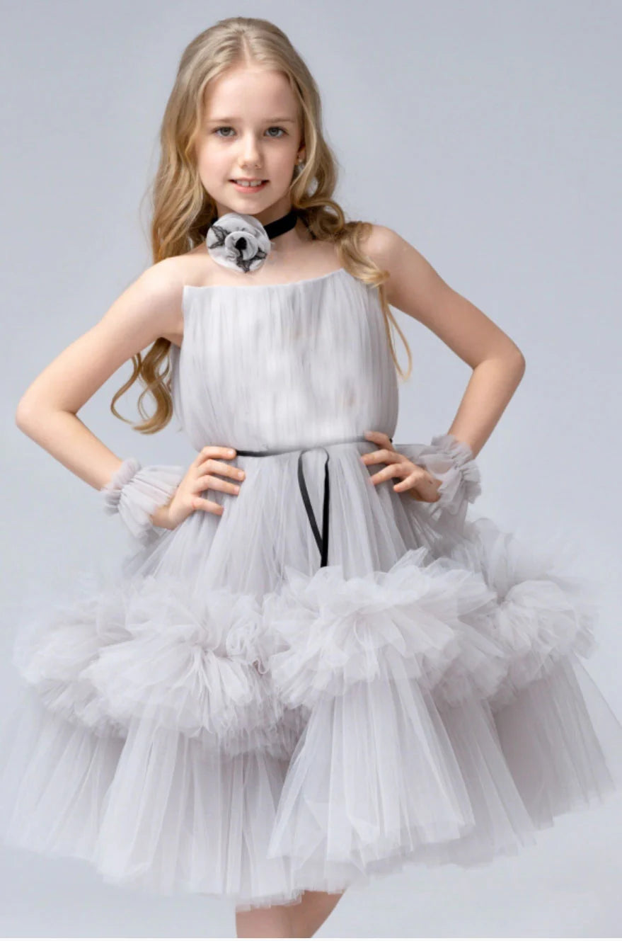 A-Line Strapless Lace Tulle Gray Flower Girl Dress