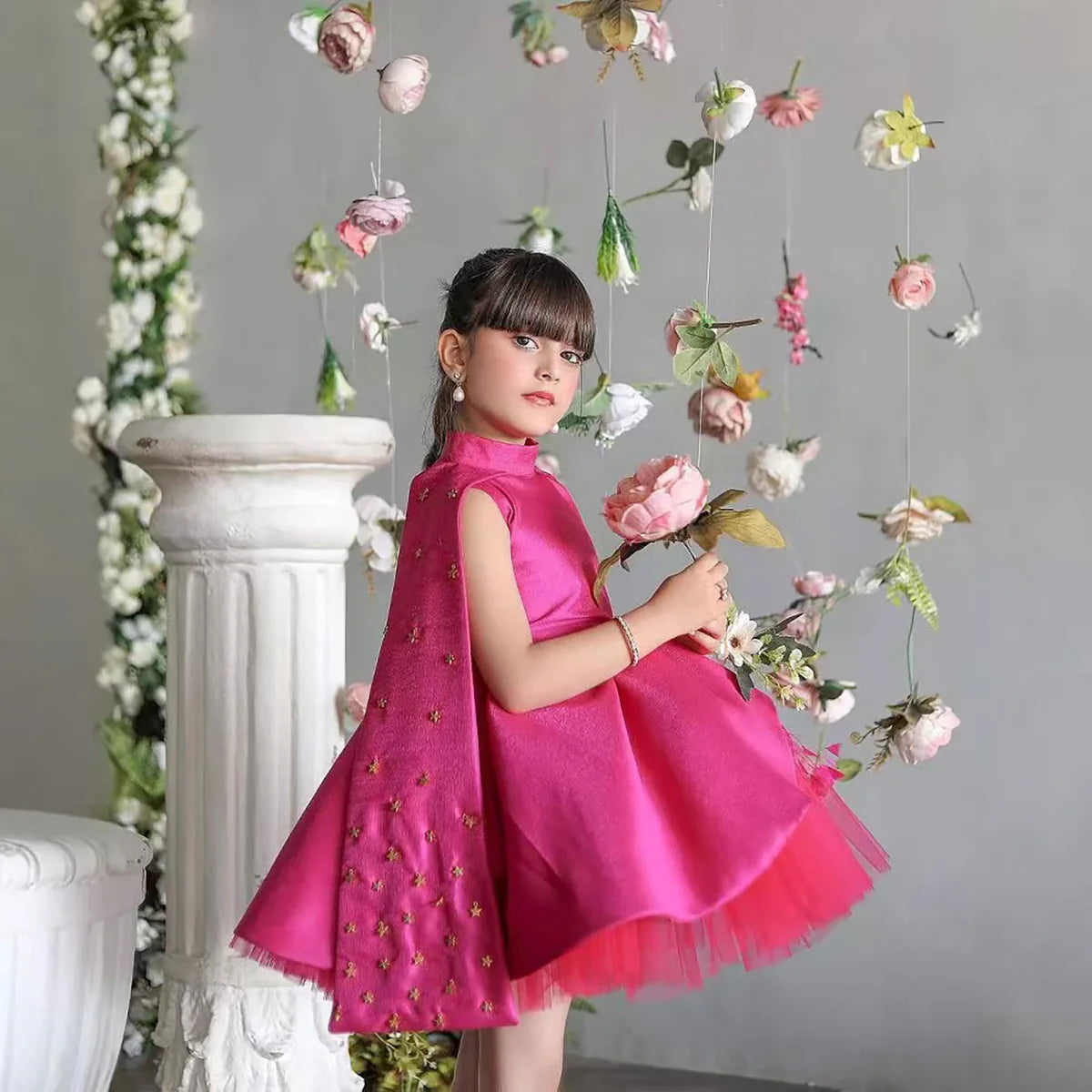 Elegant High Neck Cap Sleeve Satin Flower Girl Dress