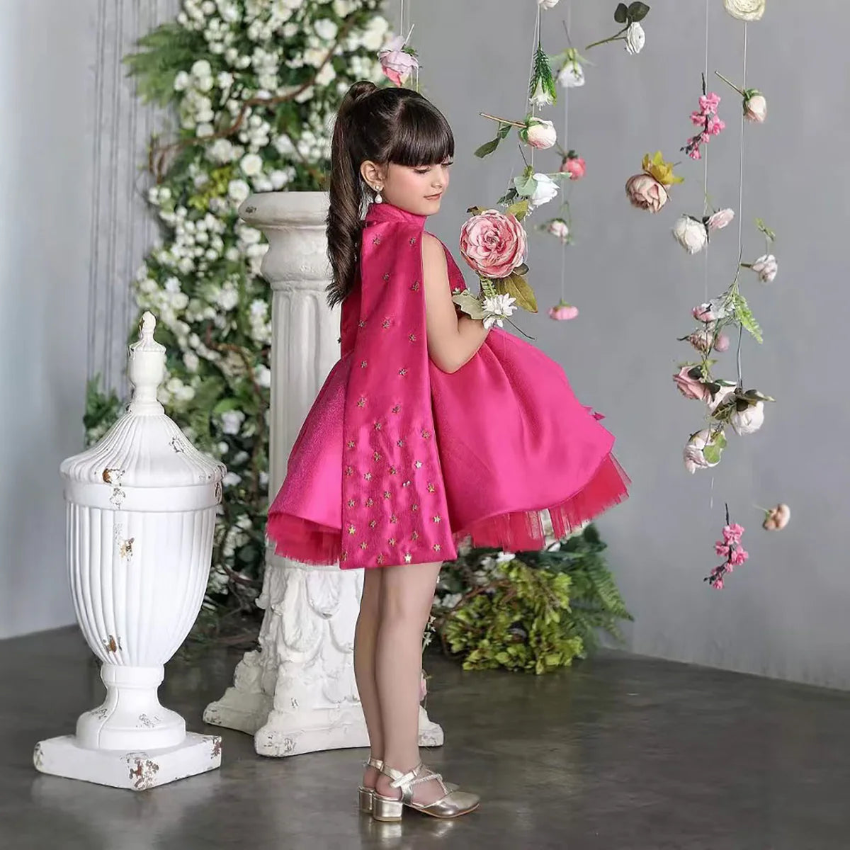 Elegant High Neck Cap Sleeve Satin Flower Girl Dress