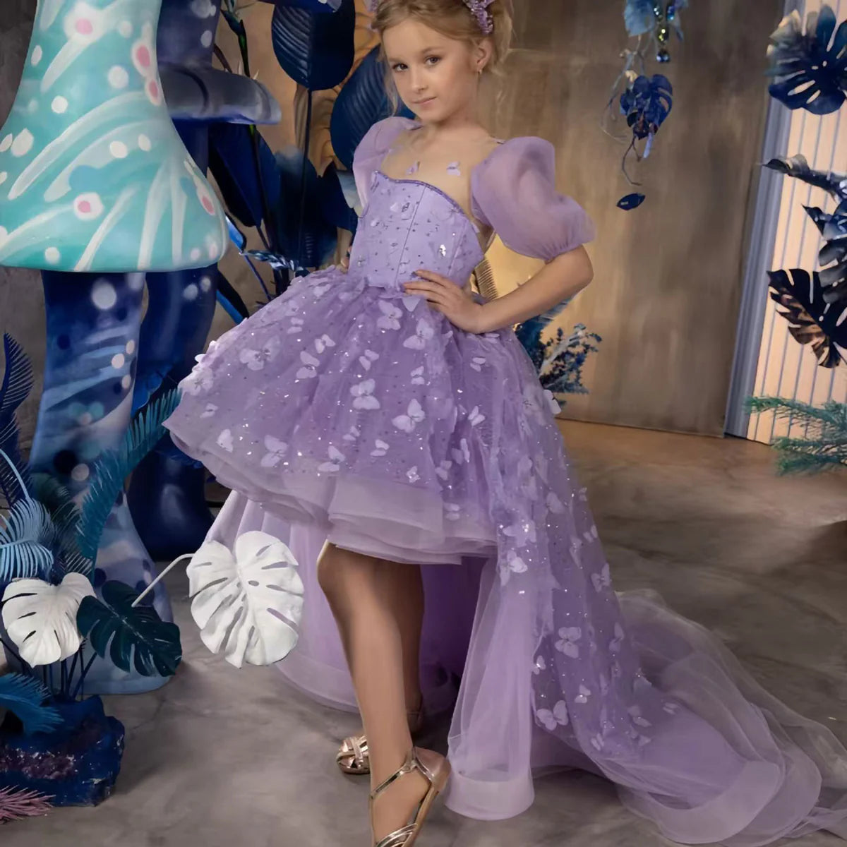 Elegant Applique Puff Sleeve Tulle Flower Girl Dress With Trailing