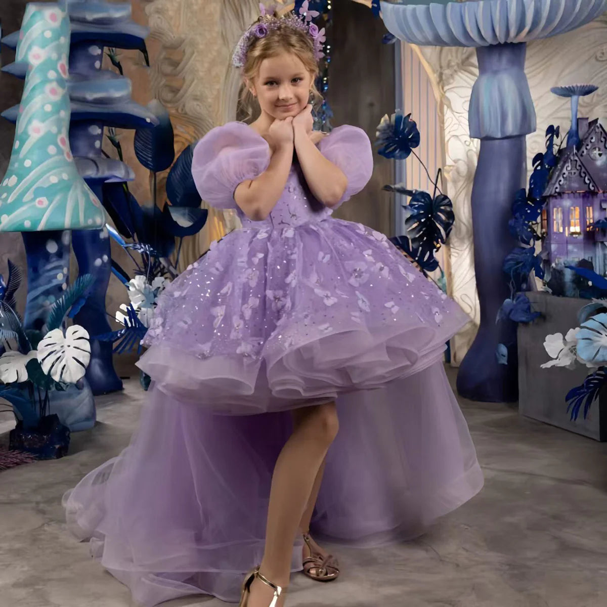 Elegant Applique Puff Sleeve Tulle Flower Girl Dress With Trailing