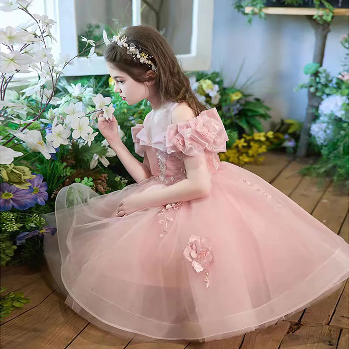 Adorable Pleats Applique Tulle Flower Girl Dress Pink