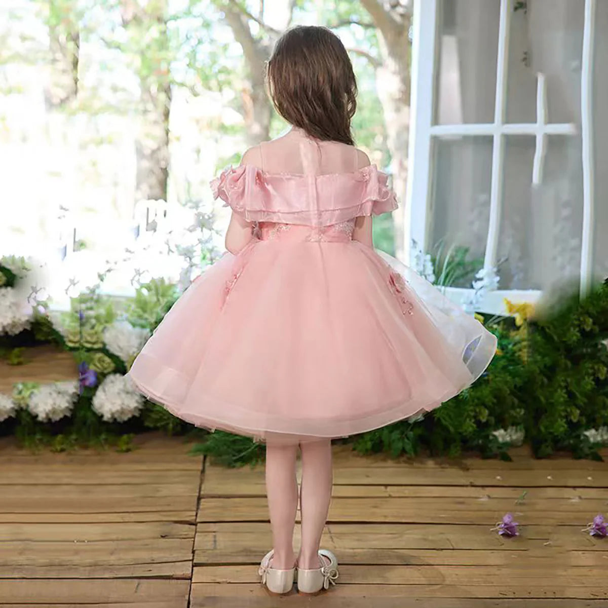 Adorable Pleats Applique Tulle Flower Girl Dress Pink