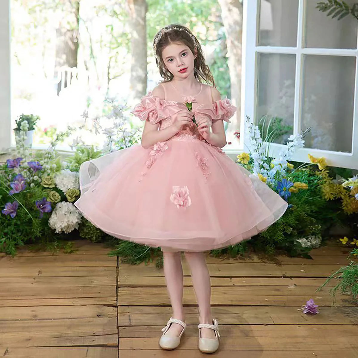 Adorable Pleats Applique Tulle Flower Girl Dress Pink