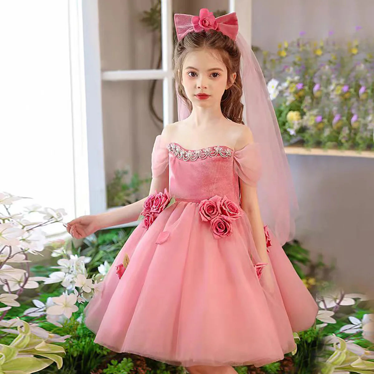 Lovely Off-Shoulder 3D Flower Tulle Flower Girl Dress Pink