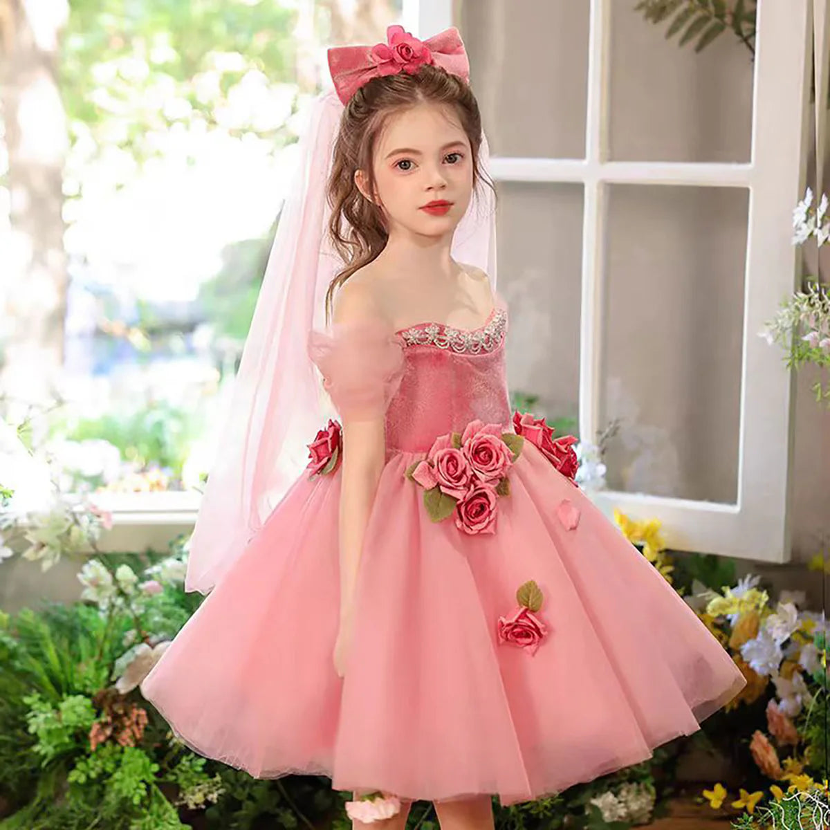 Lovely Off-Shoulder 3D Flower Tulle Flower Girl Dress Pink