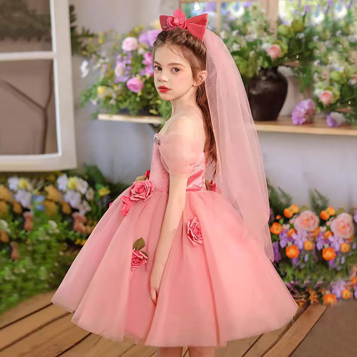 Lovely Off-Shoulder 3D Flower Tulle Flower Girl Dress Pink