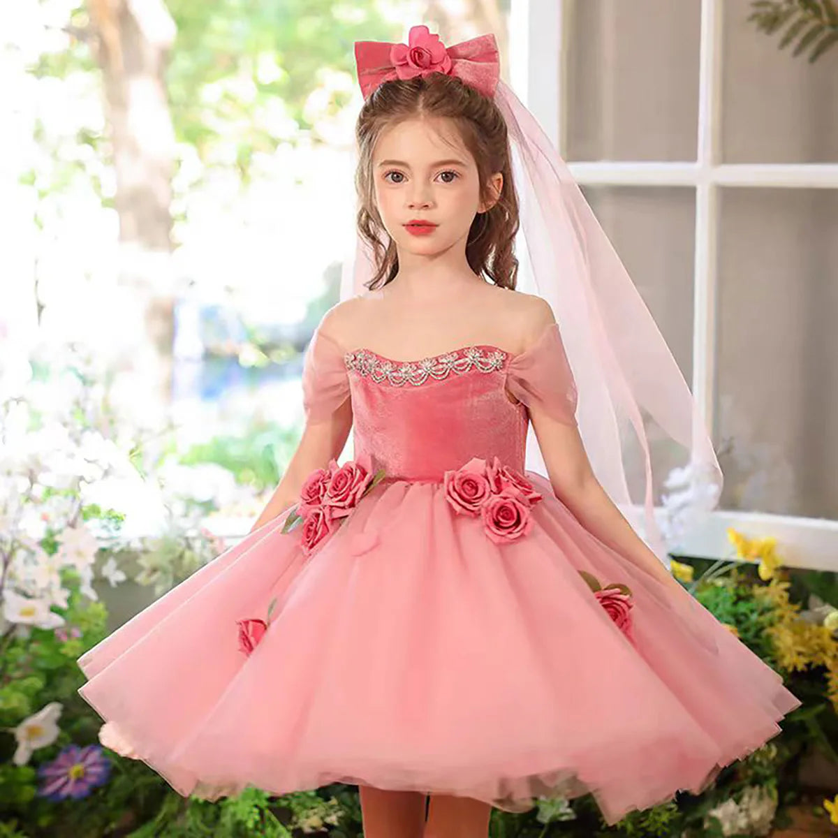 Lovely Off-Shoulder 3D Flower Tulle Flower Girl Dress Pink