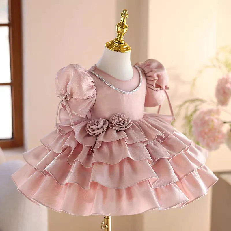 Lovely O-Neck 3D Flower Tiered Satin Pink Girl Dress
