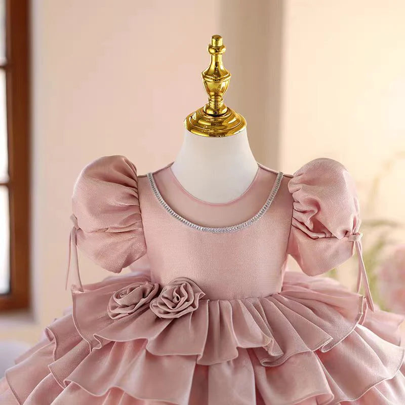 Lovely O-Neck 3D Flower Tiered Satin Pink Girl Dress