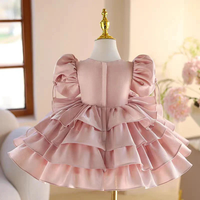 Lovely O-Neck 3D Flower Tiered Satin Pink Girl Dress