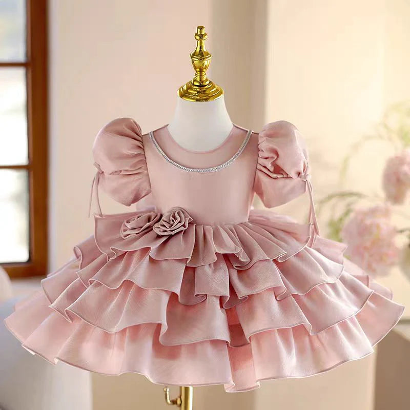 Lovely O-Neck 3D Flower Tiered Satin Pink Girl Dress