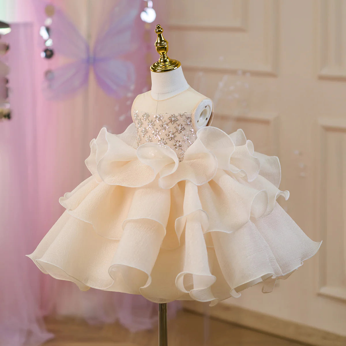Elegant Sequined Tiered Tulle Girl Dress Bow Sleeveless