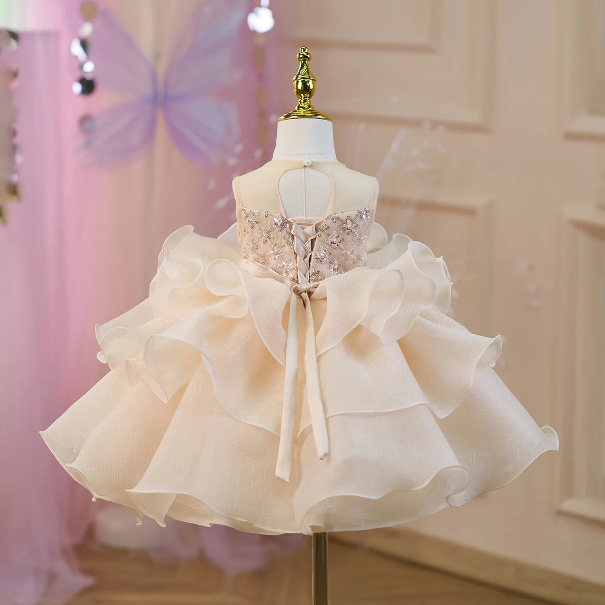 Elegant Sequined Tiered Tulle Girl Dress Bow Sleeveless