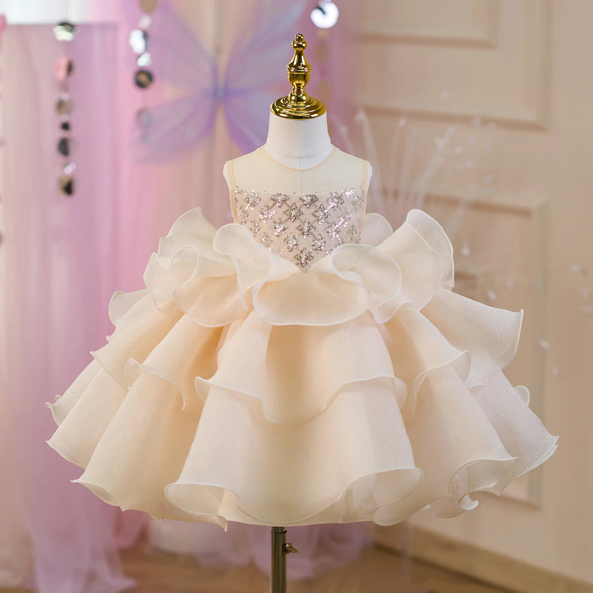 Elegant Sequined Tiered Tulle Girl Dress Bow Sleeveless