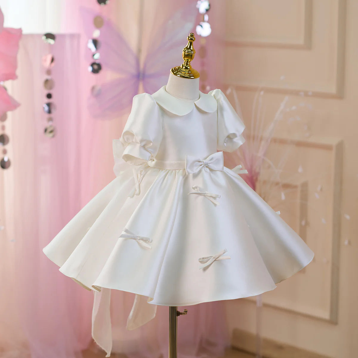 O-Neck Satin White Flower Girl Dress With Bow