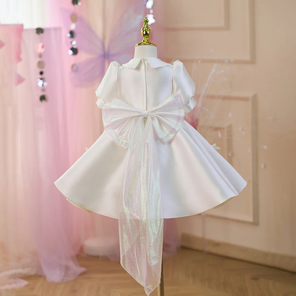 O-Neck Satin White Flower Girl Dress With Bow