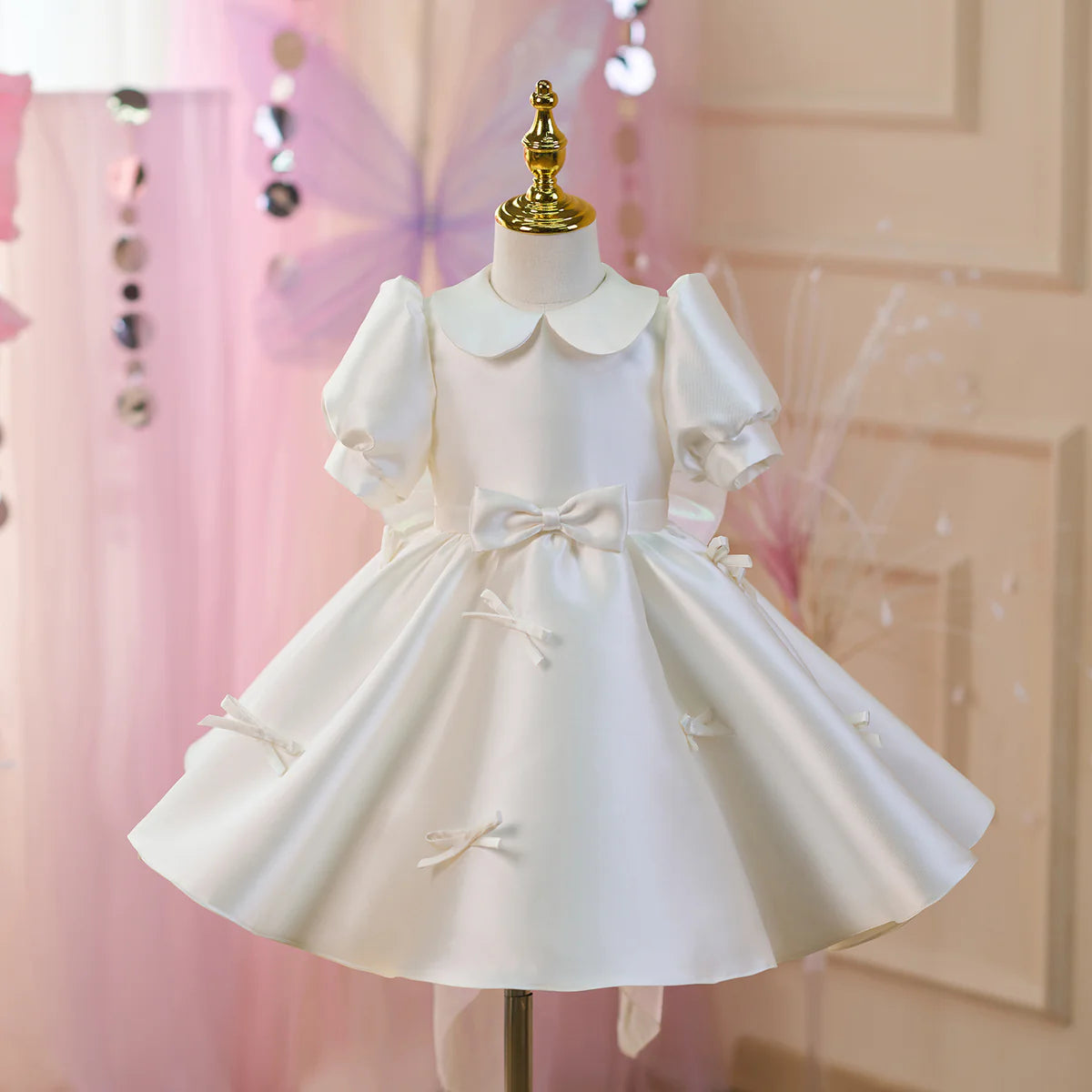 O-Neck Satin White Flower Girl Dress With Bow