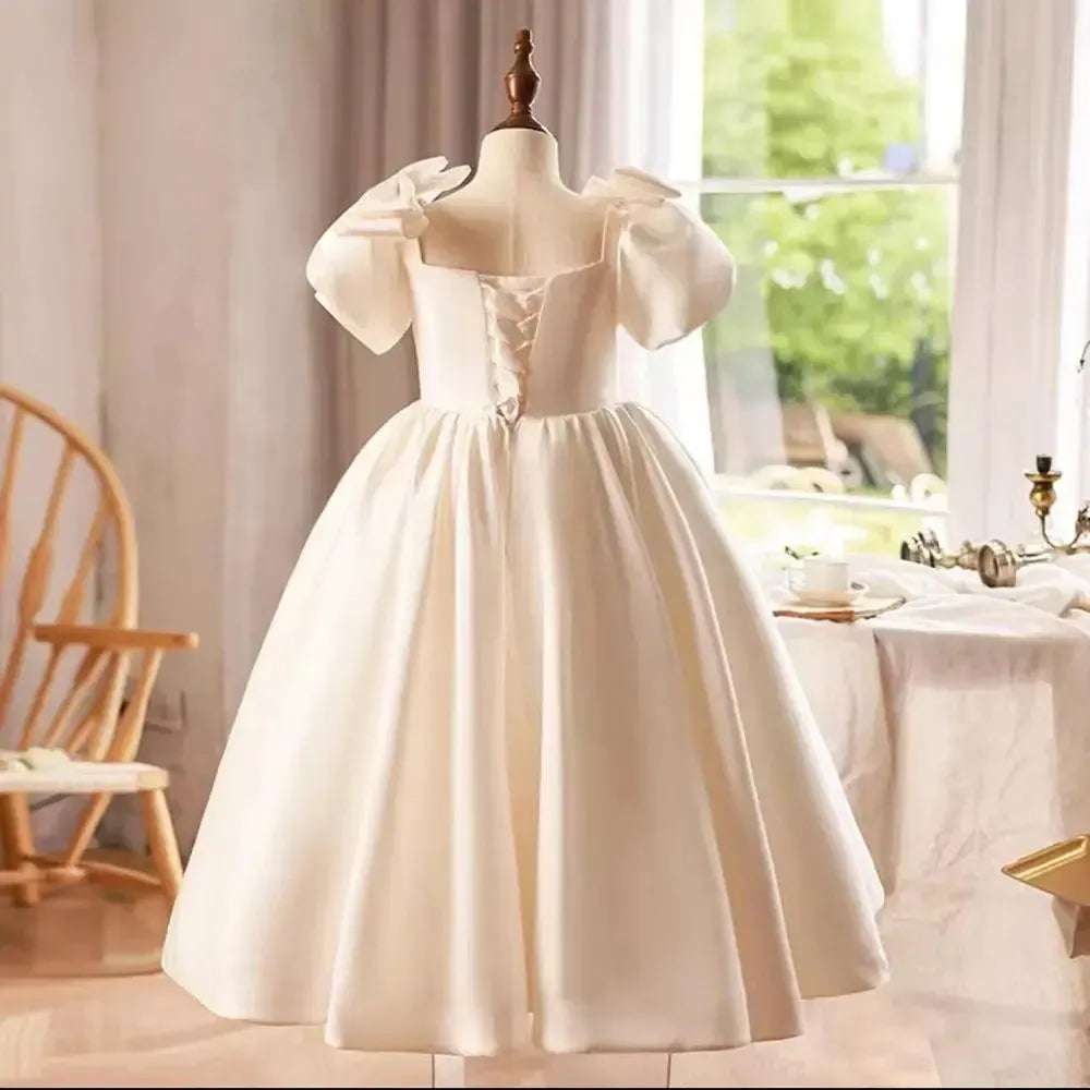 Elegant White Flower Girl Dress Bow Princess Kids