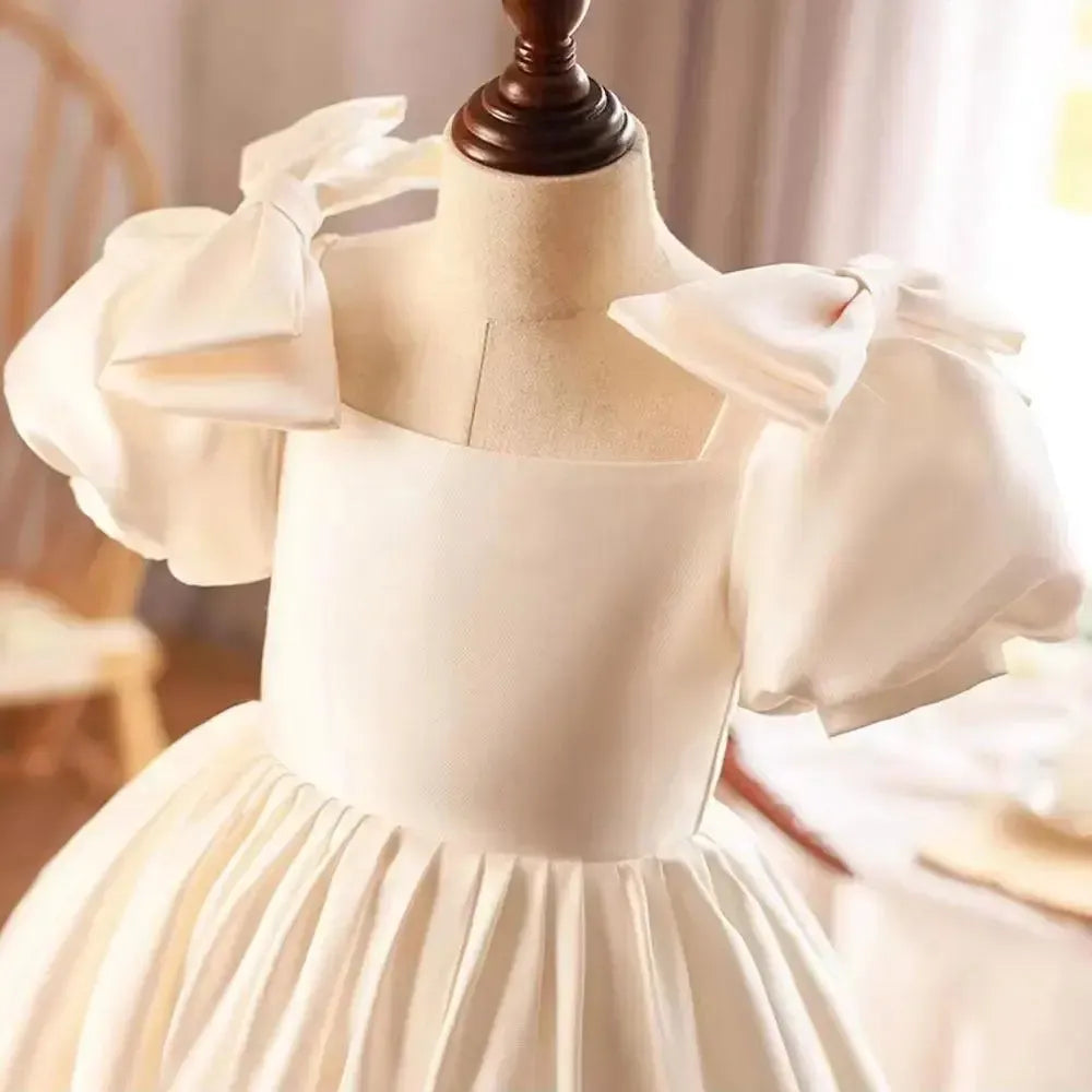 Elegant White Flower Girl Dress Bow Princess Kids