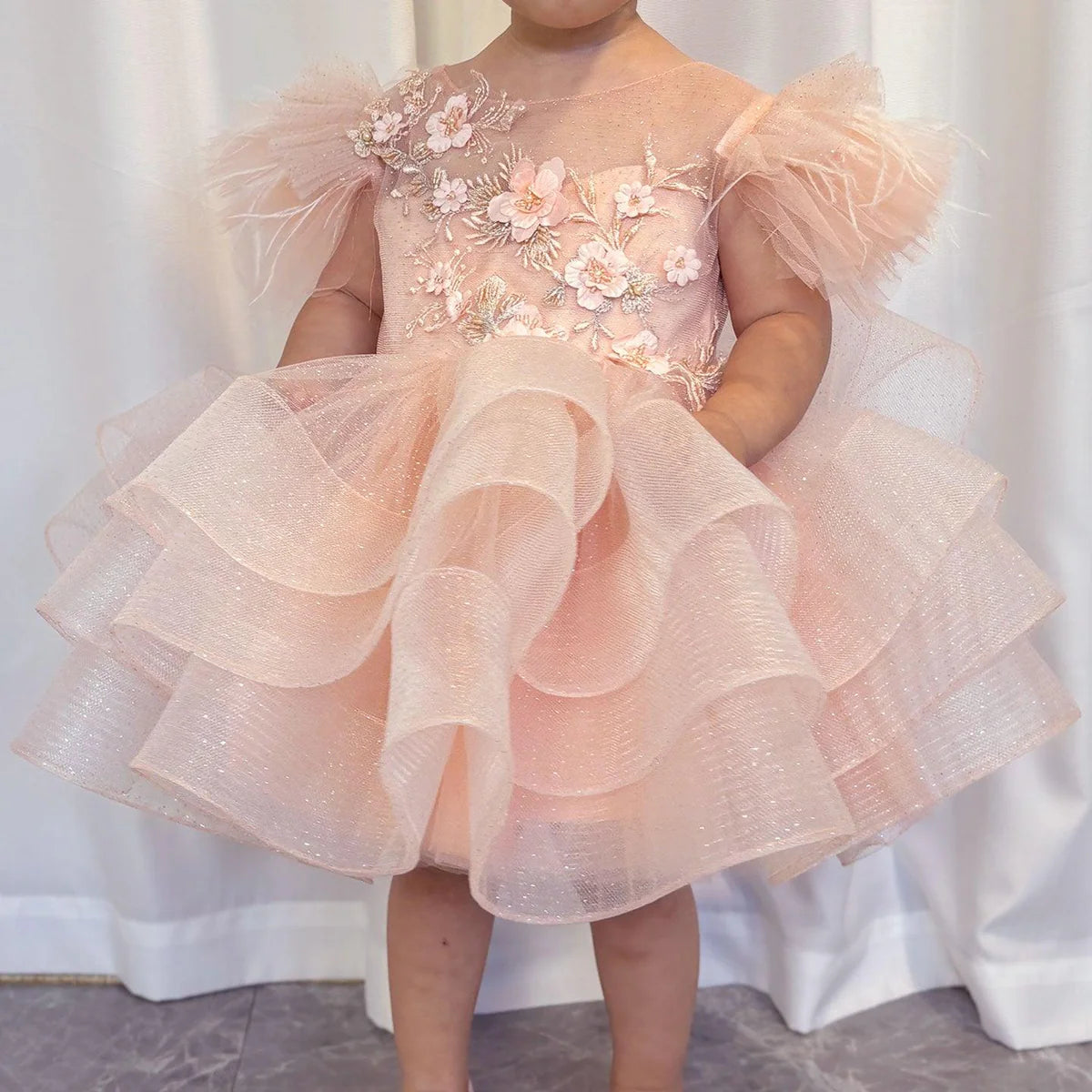 Luxury Pink Baby Flower Girl Dress Feathers Princess Kids Ball Gown for