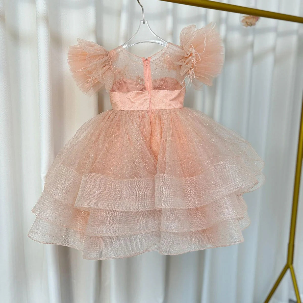 Luxury Pink Baby Flower Girl Dress Feathers Princess Kids Ball Gown for