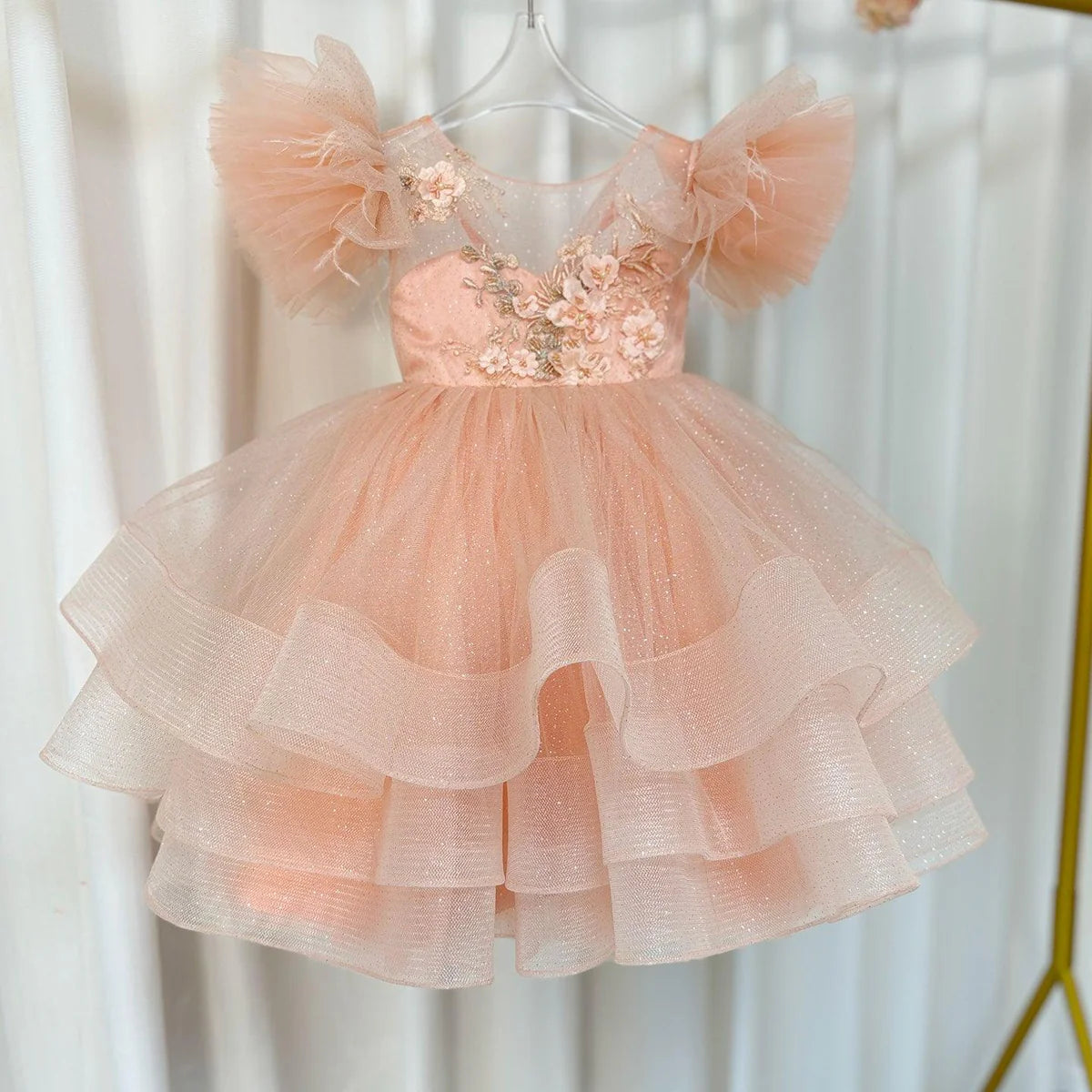 Luxury Pink Baby Flower Girl Dress Feathers Princess Kids Ball Gown for