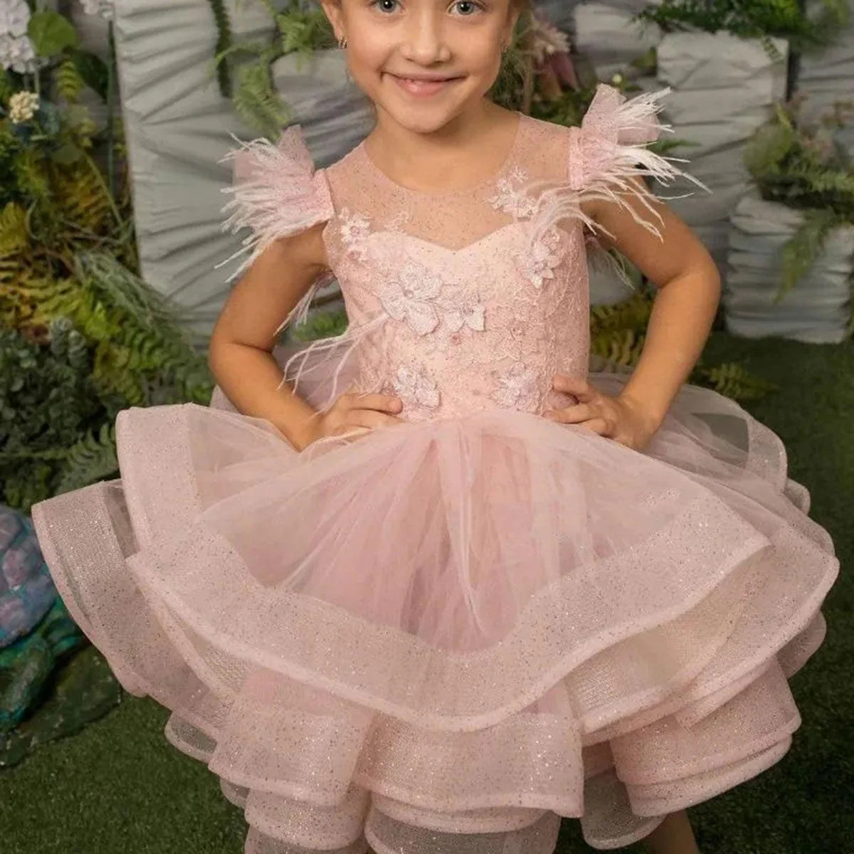Luxury Pink Baby Flower Girl Dress Feathers Princess Kids Ball Gown for