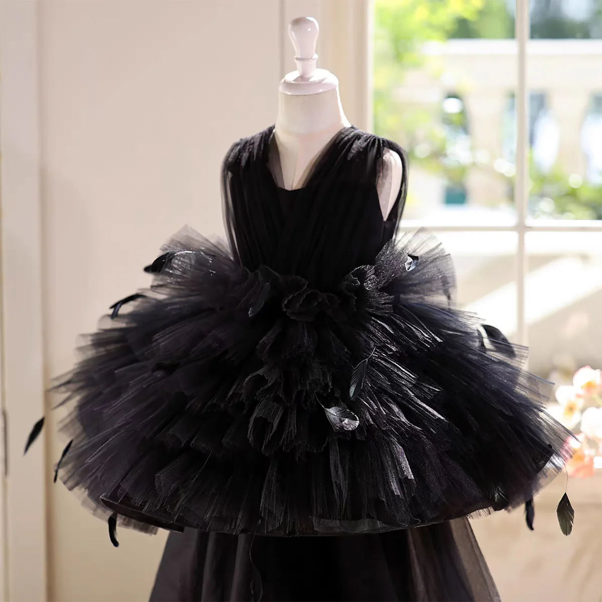 Black Toddler Gown with Strappy Back Tulle Overlay Flower Girl Dress