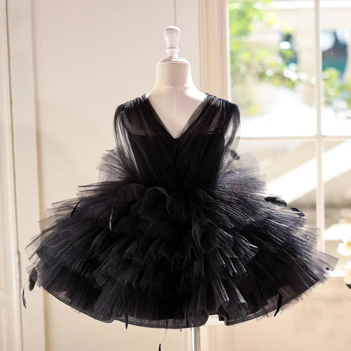 Black Toddler Gown with Strappy Back Tulle Overlay Flower Girl Dress