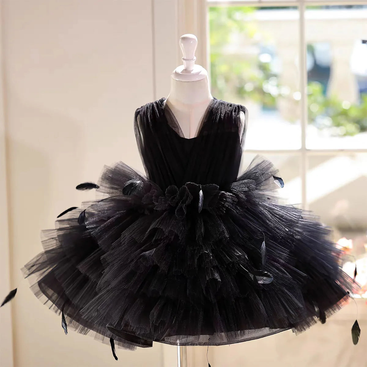 Black Toddler Gown with Strappy Back Tulle Overlay Flower Girl Dress
