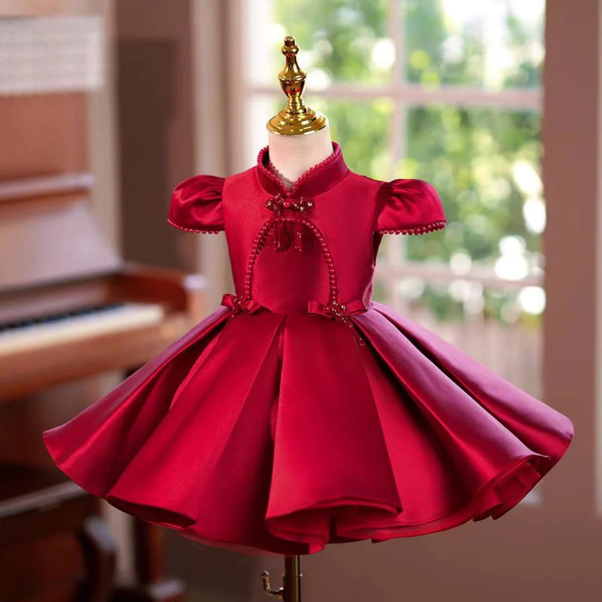 Burgundy Beige Flower Girl Dress Wedding Birthday Party