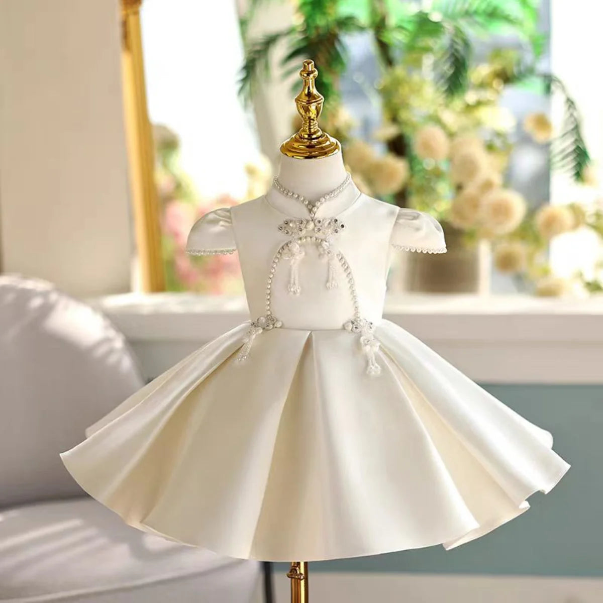 Burgundy Beige Flower Girl Dress Wedding Birthday Party